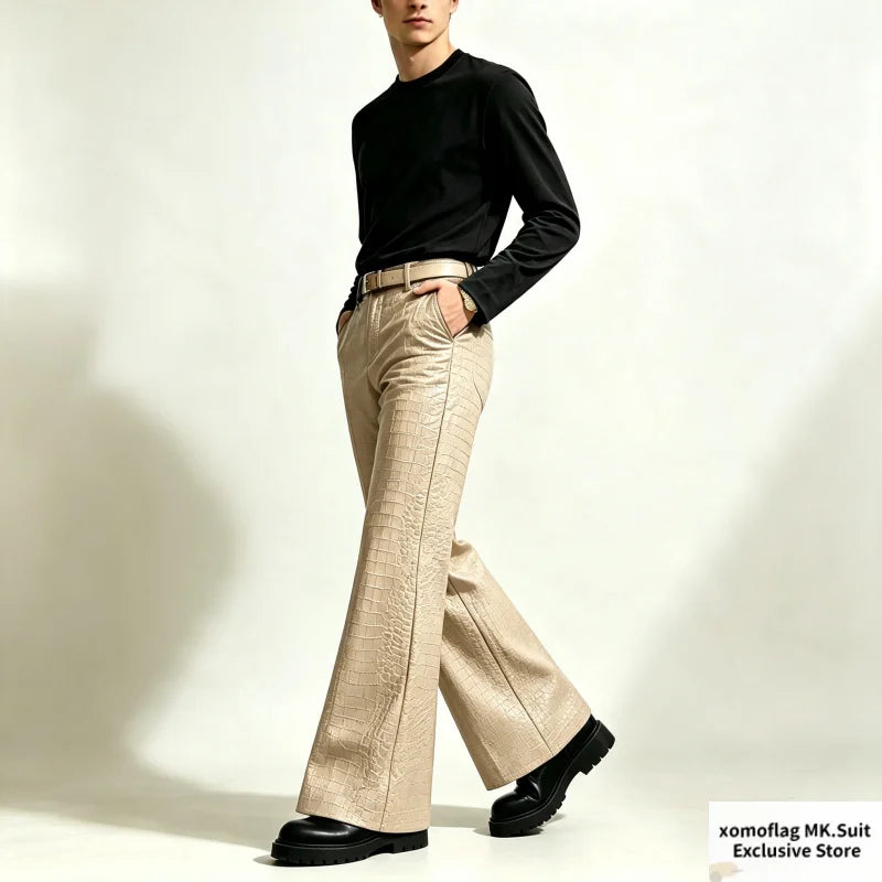 Men’s Crocodile-Effect Faux Leather Flare Pants