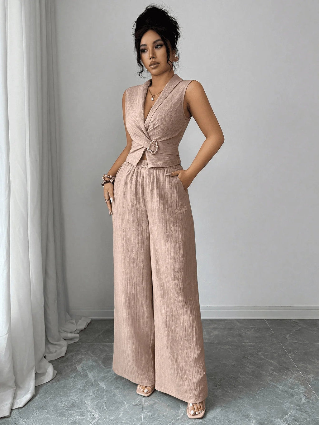 2 Piece Outfits Summer Sleeveless Wrap V Neck Crop Top Wide Leg Pants LADYLYS