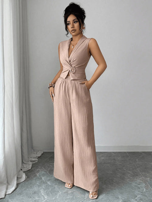 2 Piece Outfits Summer Sleeveless Wrap V Neck Crop Top Wide Leg Pants LADYLYS