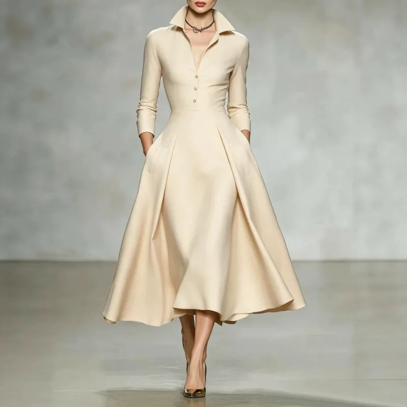 Women's Elegant V-Neck Long Sleeve Shirt Dress with Cinched Waist and Flared Skirt