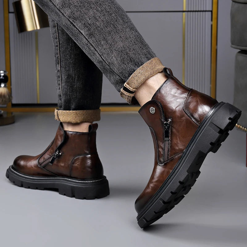 Men's Genuine Leather Zip-Up Ankle Boots – British Retro High-Top Non-Slip Booties