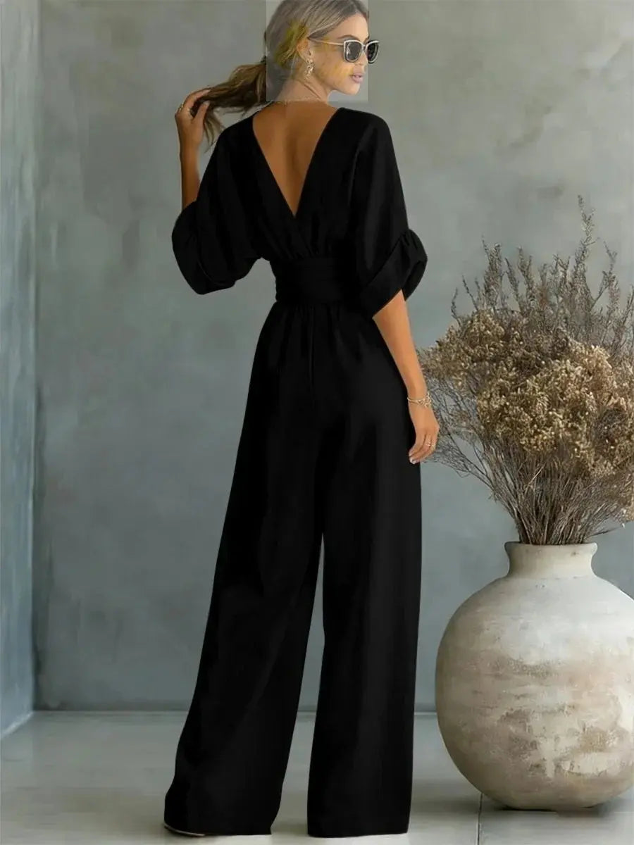 Jumpsuit Fashion High Waist V-neck Casual Sexy  Solid Color LADYLYS