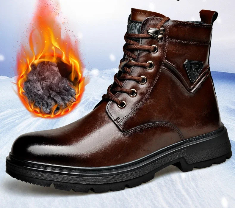 Men's Genuine Leather Platform Ankle Boots – Lace-Up Wool-Lined Waterproof Work Boots