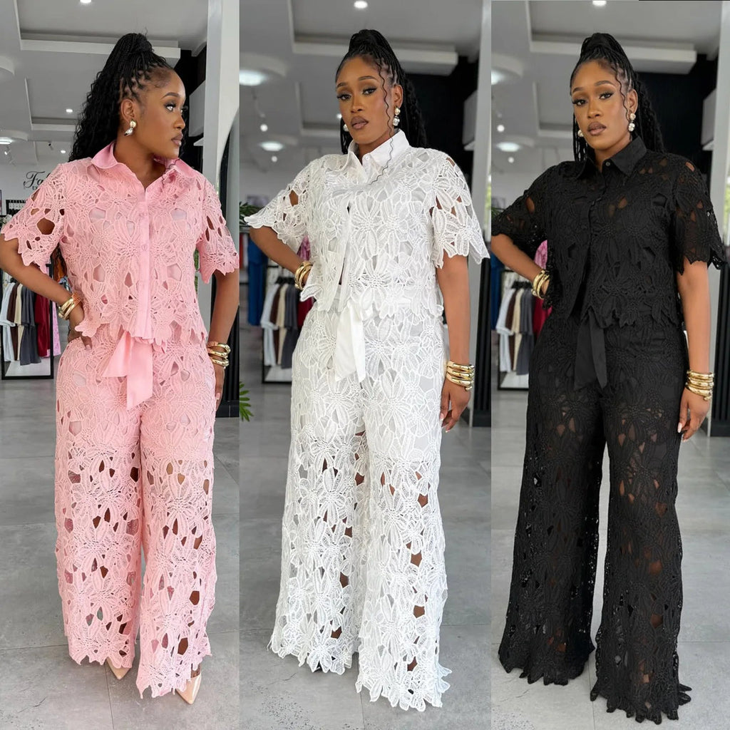 Women's Hollow Lace 2-Piece Set — Streetwear Top & Wide Leg Trousers LADYLYS