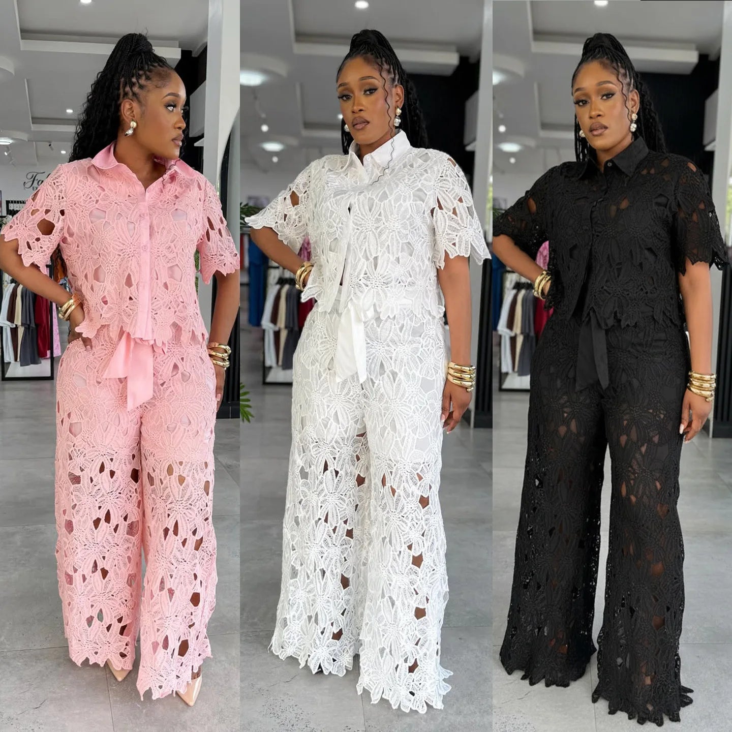 Women's Hollow Lace 2-Piece Set — Streetwear Top & Wide Leg Trousers LADYLYS