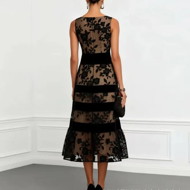 Floral Lace Mesh Sleeveless A-Line Dress – Elegant Formal Evening Gown