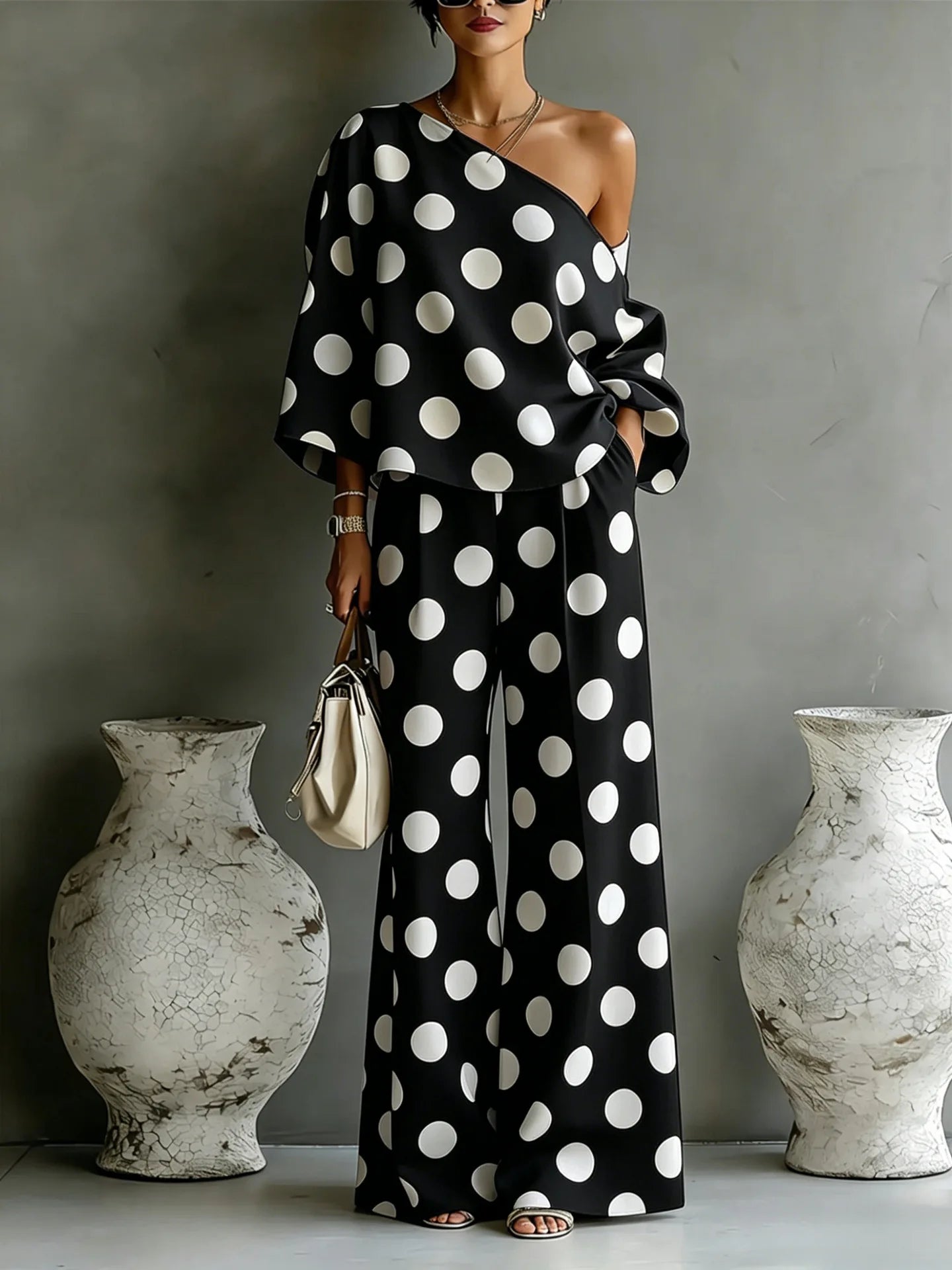 Summer New Color Wave Point Set Women Slant Shoulder Open Back Top+High Waist Wide Leg Pants Vacation Style Loose 2 Piece Suit LADYLYS