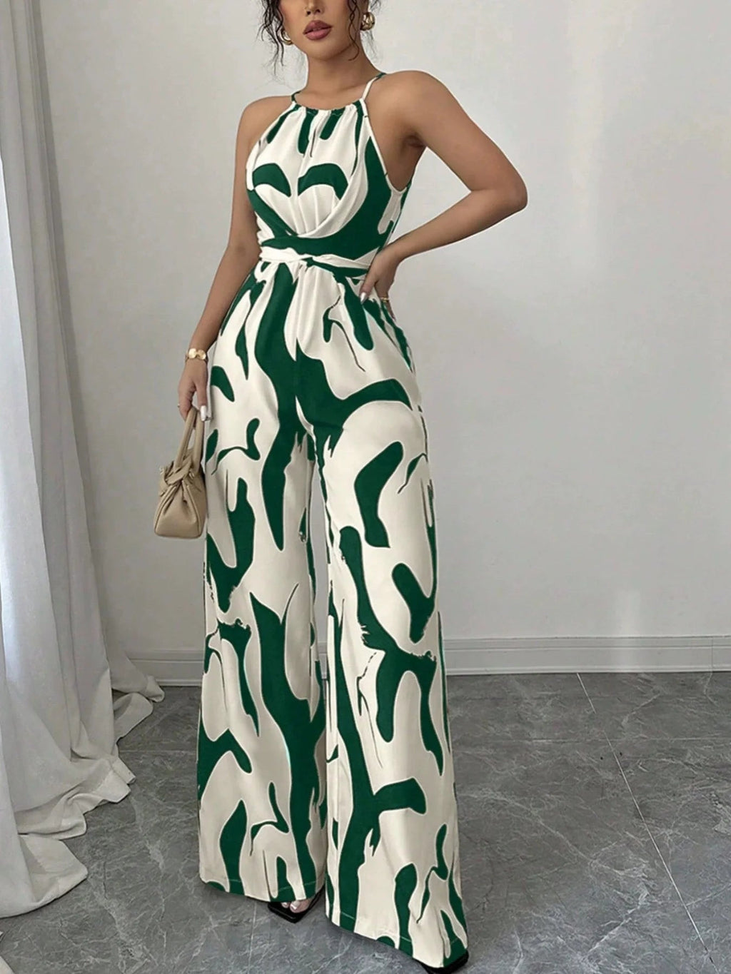 Retro versatile lace up waist slimming and high-end printed hanging neck jumpsuit LADYLYS
