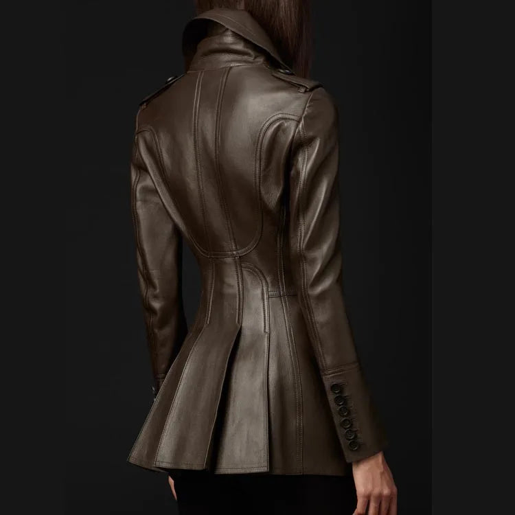 Women's Fitted Faux Leather Blazer – Double-Breasted, Elegant Office Jacket