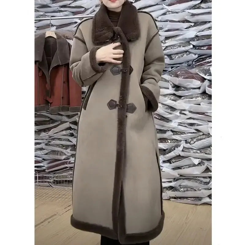 Women's Long Textured Coat with Toggle Fastening