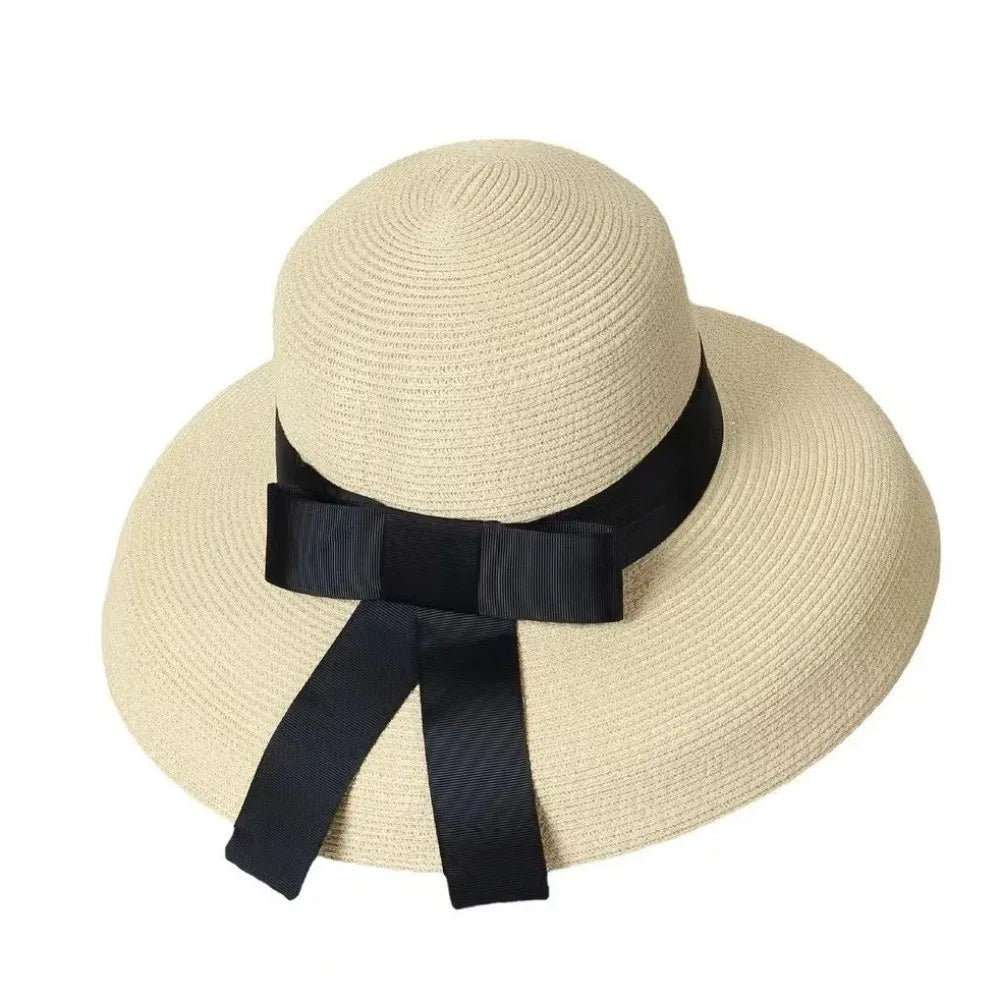 Vintage Breathable Straw Hat Black Ribbon Large Brim Sunshade Hat UV Protection Sun Hat Women LADYLYS