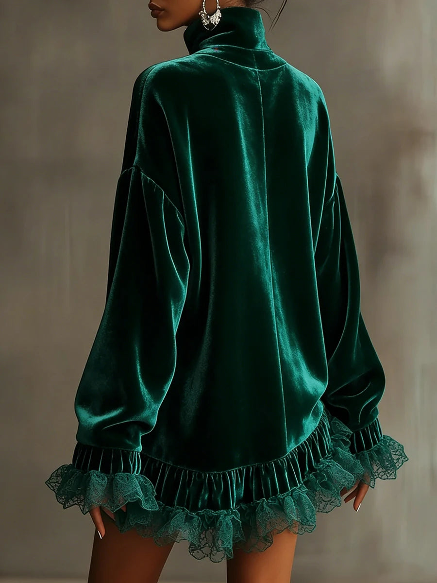 Velvet Turtleneck Mini Dress – Vintage Lace Ruffle Trim & Lantern Sleeves