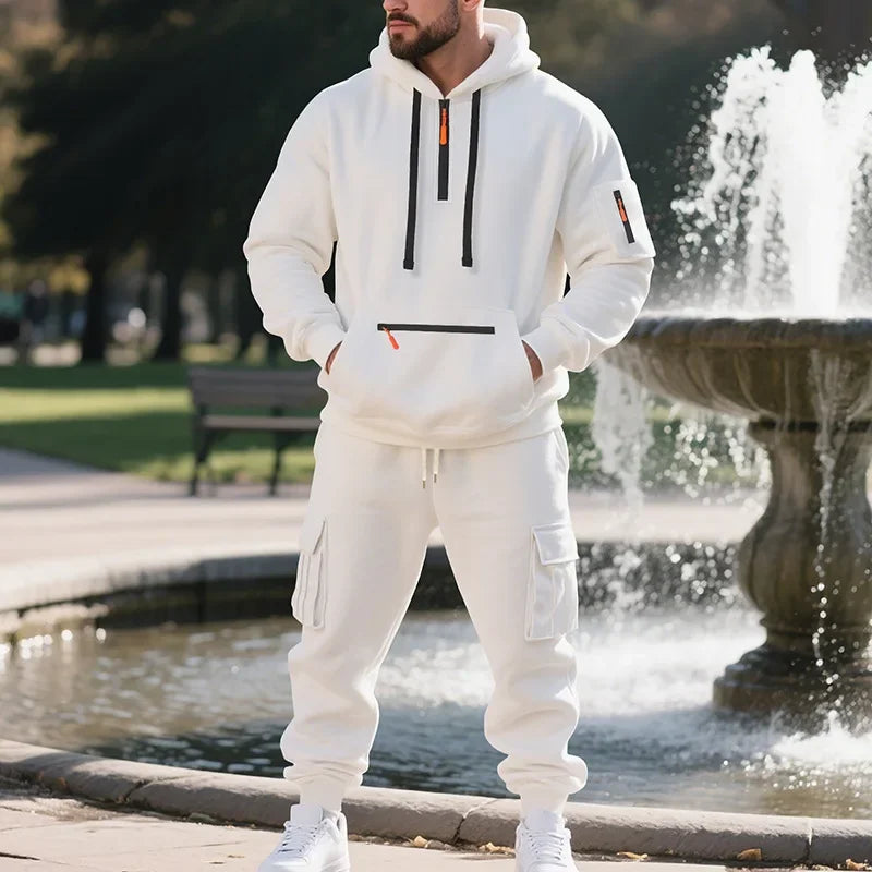 Men's Fleece Hoodie & Multi-Pocket Pants Set – Casual Sportswear