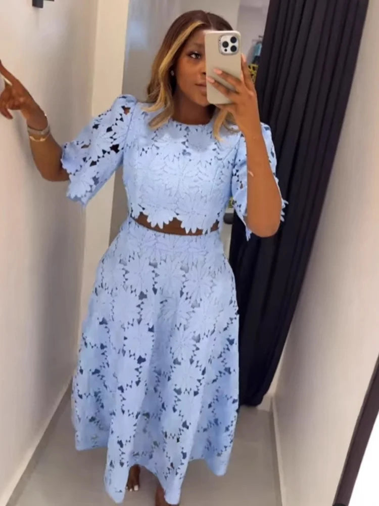 Two piece outfits women wholesale dress sets The new style hollowed out top sweet matching suit dropshopping S-3XL LADYLYS