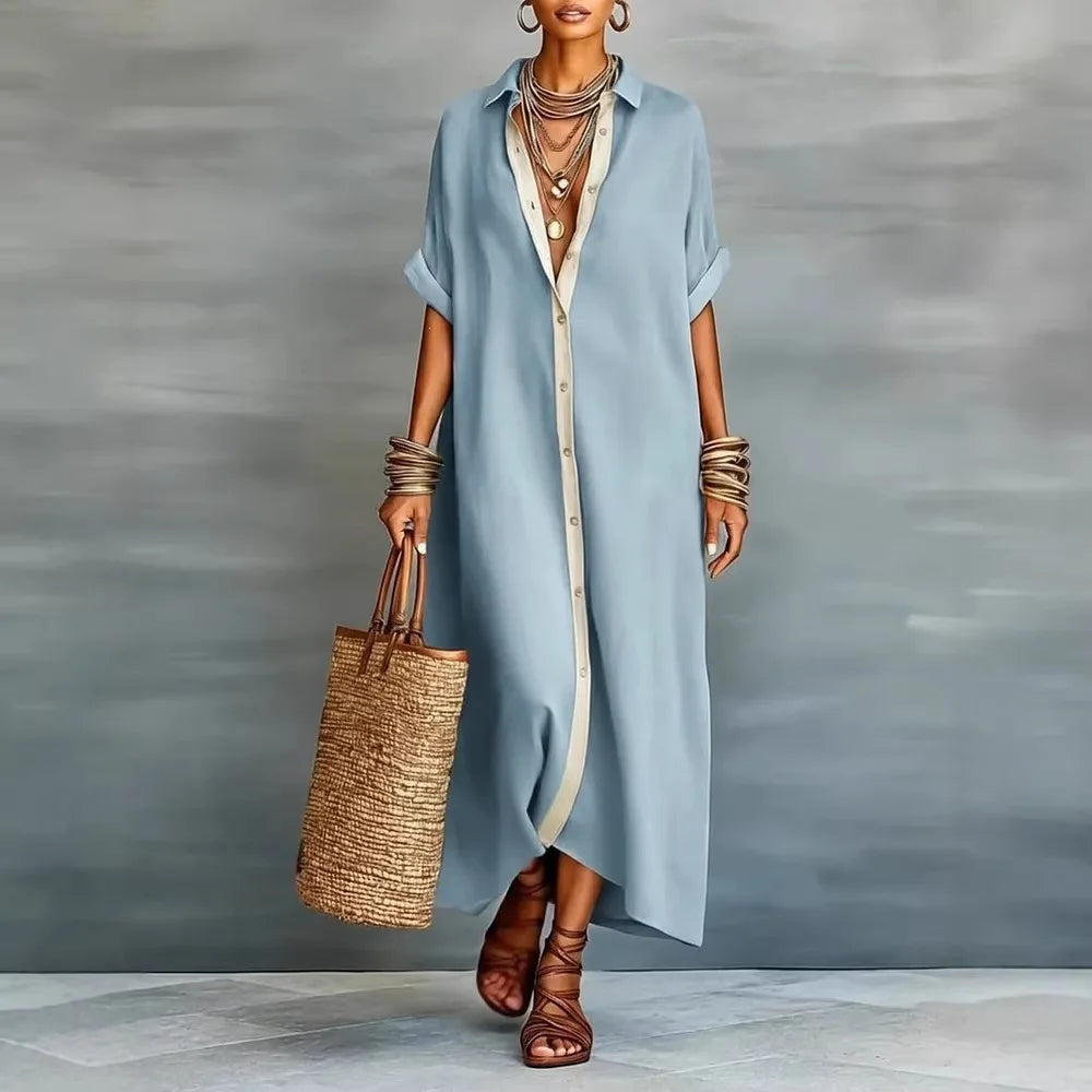Patchwork Button Shirt Midi Dress – Short Sleeve Loose Beach Vacation Dress