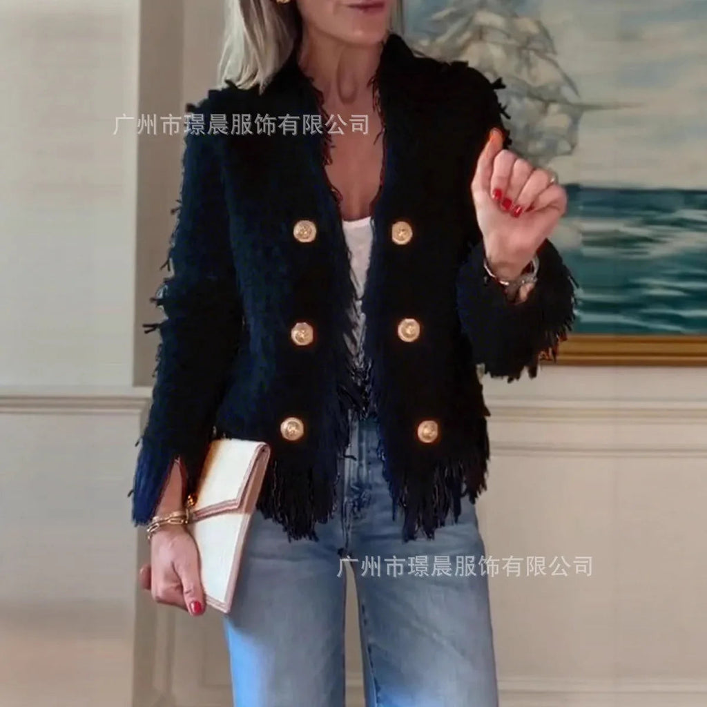 Solid Coats Fringe Short Jacket Tassel Long Sleeves V Neck Single Breasted LADYLYS