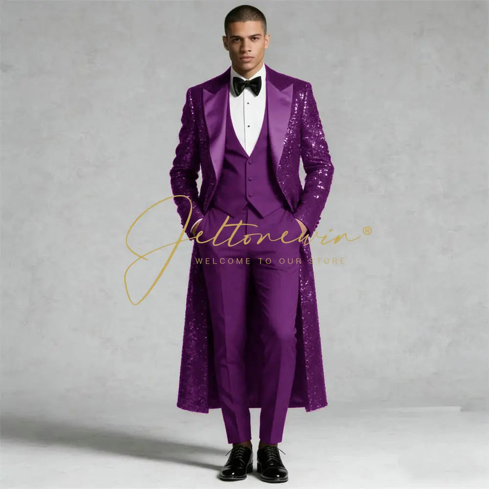 Sequin Wedding Suits For Men Peaked Lapel Groom elegant 3 Pieces LADYLYS