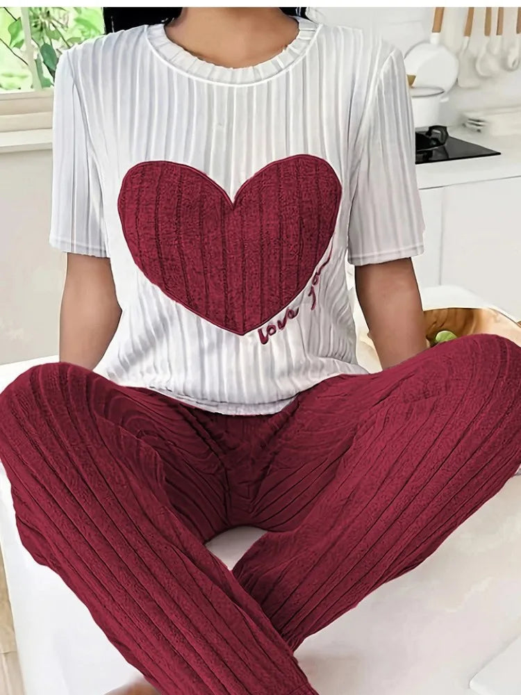 Two-Piece Pajamas Set Sleepwear Heart Print Round LADYLYS