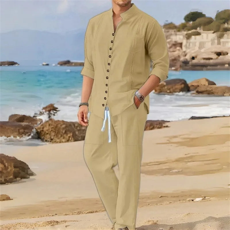 Men's Fashionable Cotton Linen Shirt Set, Stand Collar, Long Sleeves, Two-Piece Set LADYLYS