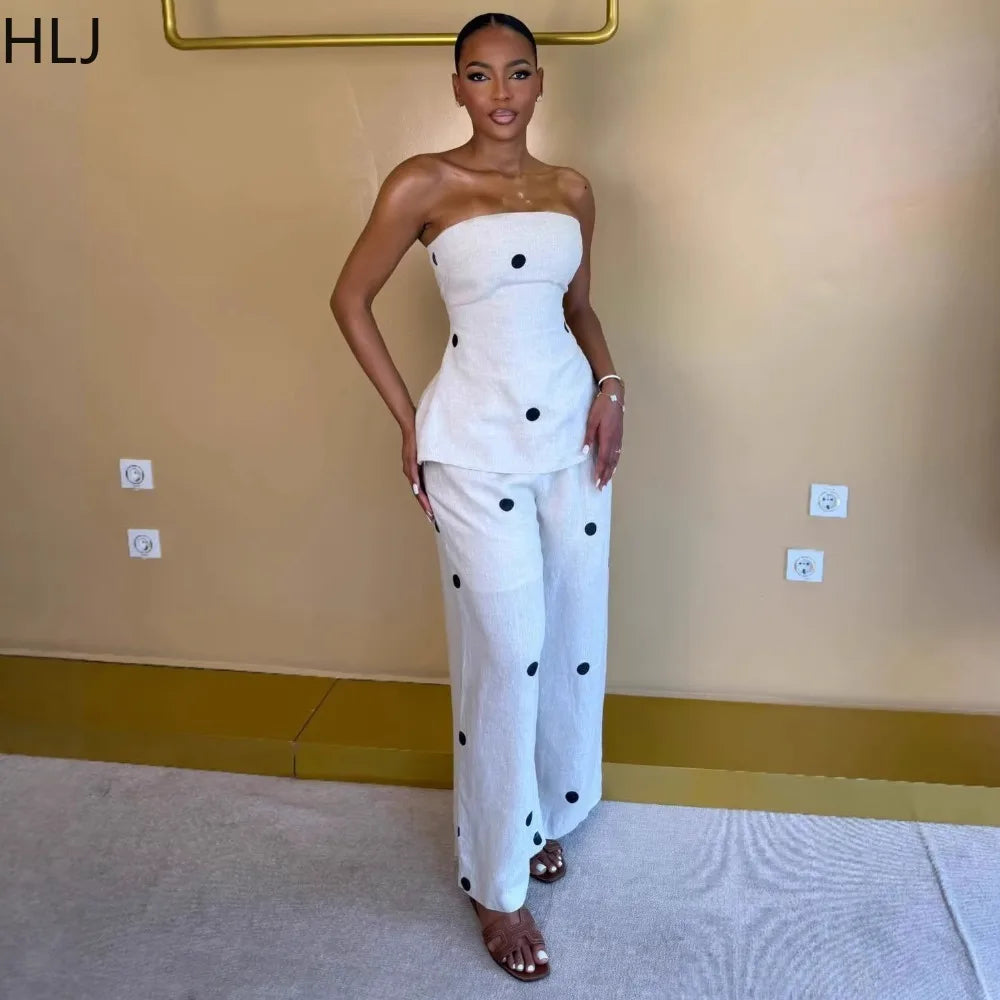 HLJ Women Polka Dot 2 Piece Outfits Elegant Bandeau Tube Top + High Waist Wide Leg Pants Set Summer Casual Streetwear Holidays LADYLYS