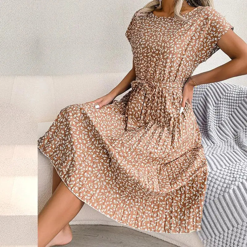 Summer Short Sleeve High Waist Chic Dress Fashion Floral Pleated A Line Long Dress LADYLYS