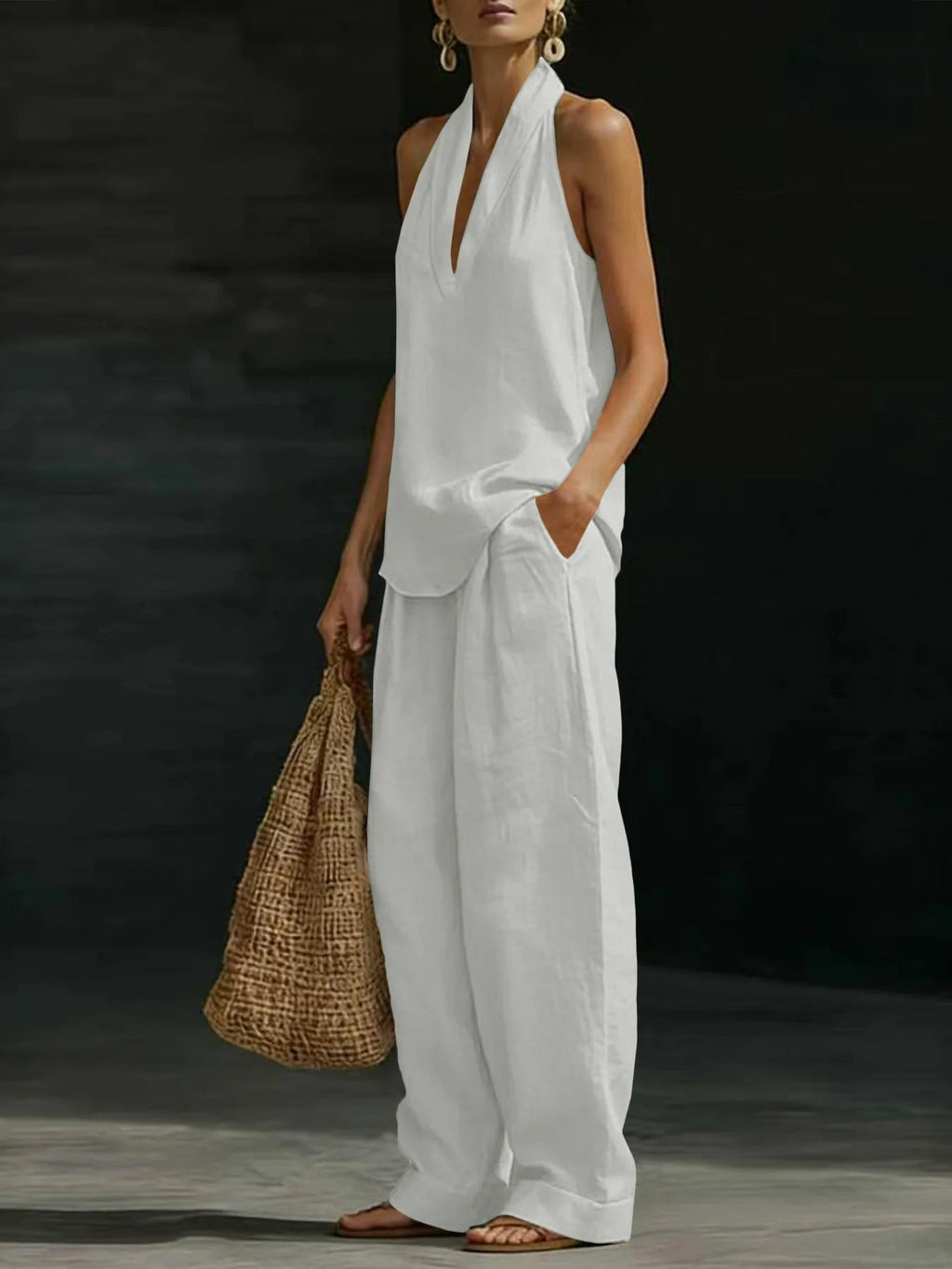 Women Linen 2 Piece Outfit Halter V Neck Sleeveless Tank Top Wide Leg Pants LADYLYS