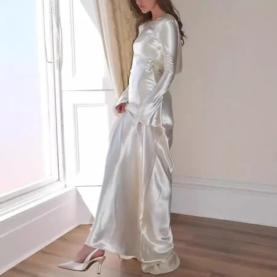 Ivory Backless Mermaid Maxi Dress with Long Sleeves