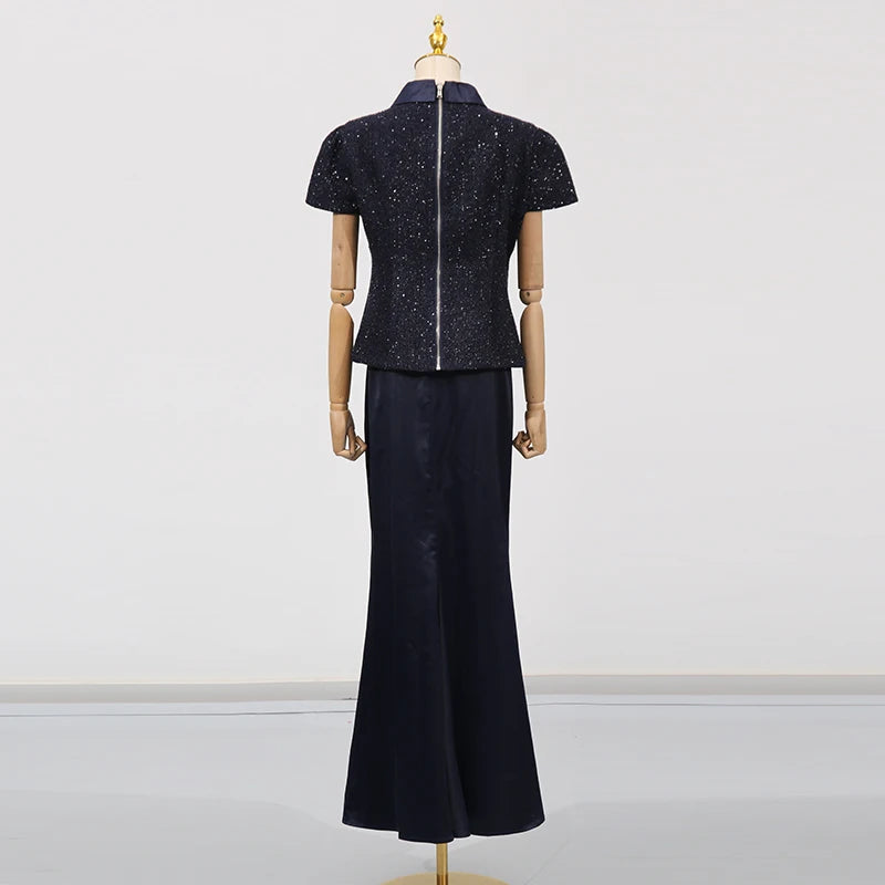 Sets Stand Collar Short Sleeves Spliced Pocket Tweed Top High Waist Maxi Skirts Vintage Suit LADYLYS