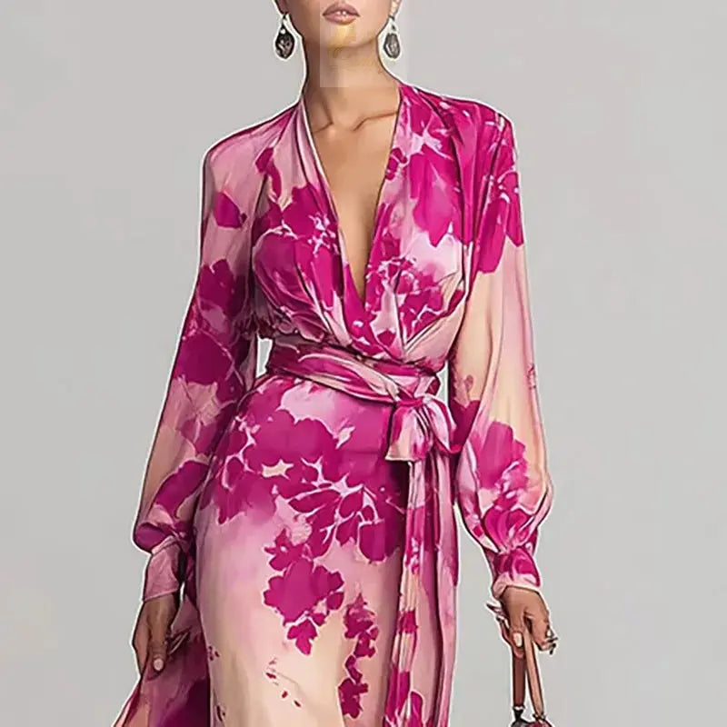 Elegant Party Dresses Woman Chic Floral Print V Neck LADYLYS