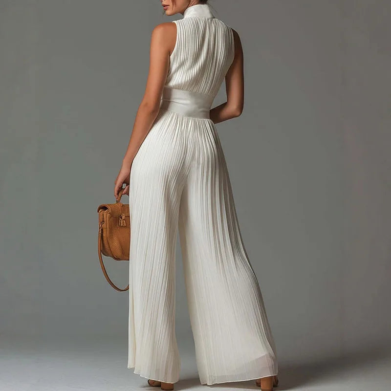 Elegant Chiffon Sleeveless Jumpsuit High Waist Pleated Flowy Wide Leg LADYLYS