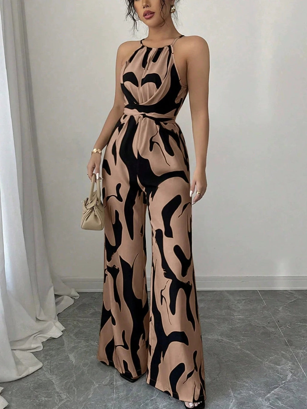 Retro versatile lace up waist slimming and high-end printed hanging neck jumpsuit LADYLYS