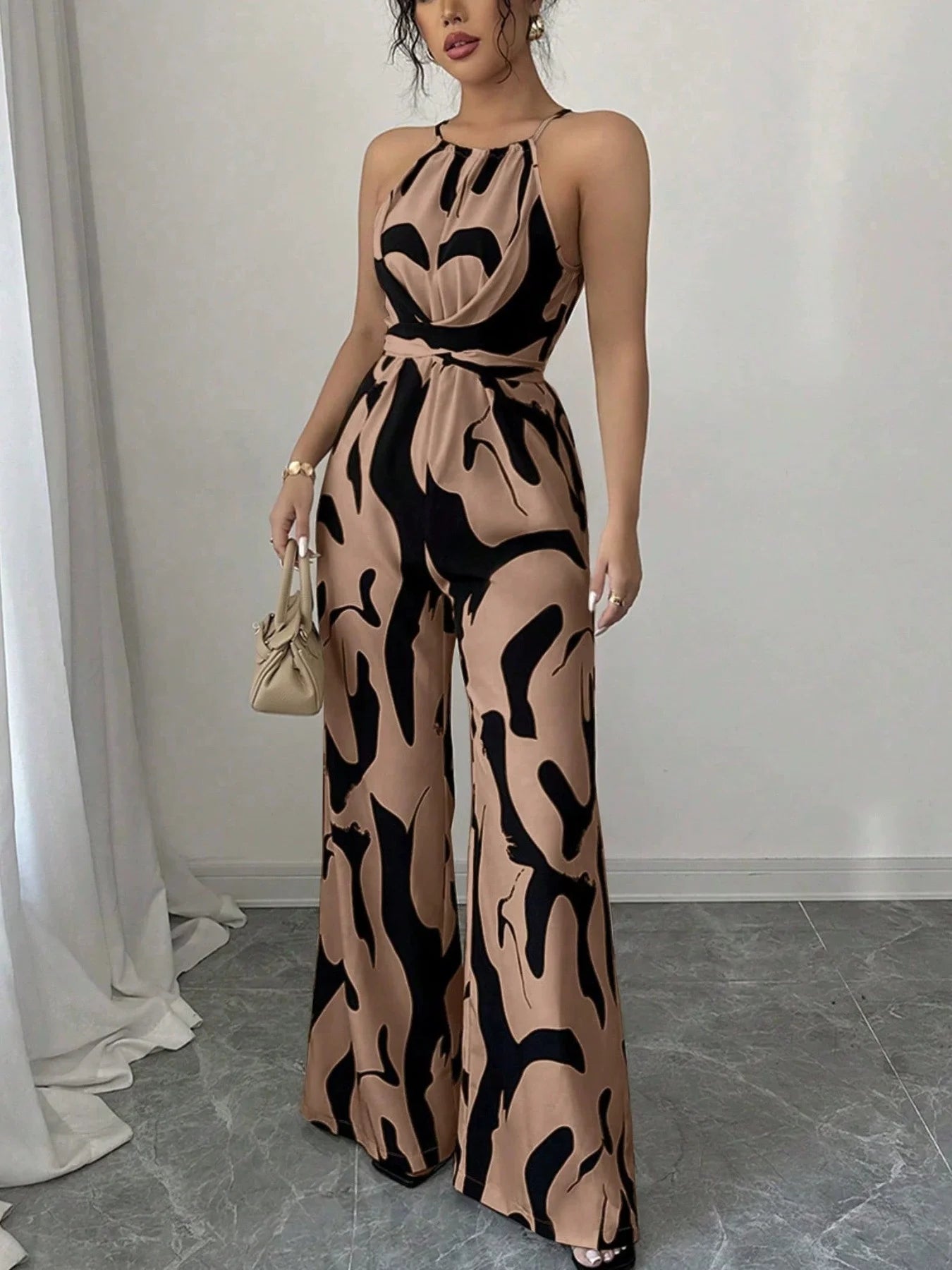 Retro versatile lace up waist slimming and high-end printed hanging neck jumpsuit LADYLYS
