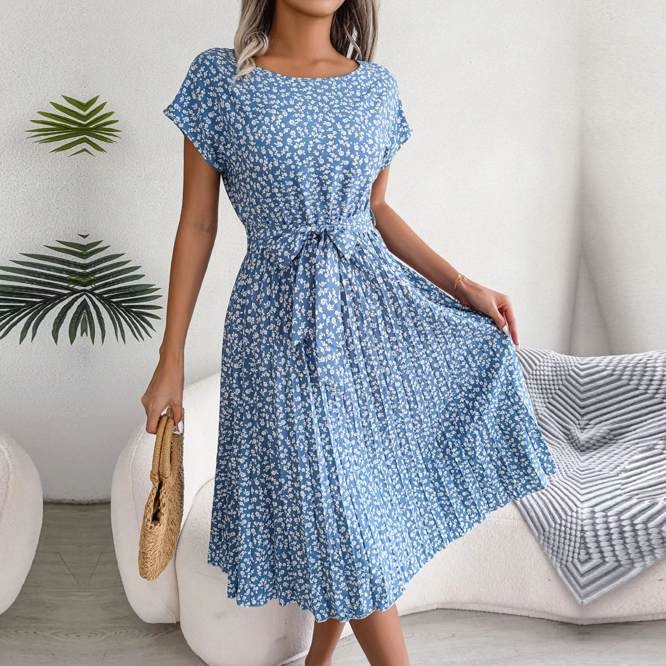 Summer Short Sleeve High Waist Chic Dress Fashion Floral Pleated A Line Long Dress LADYLYS