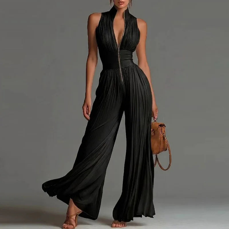 Elegant Chiffon Sleeveless Jumpsuit High Waist Pleated Flowy Wide Leg LADYLYS
