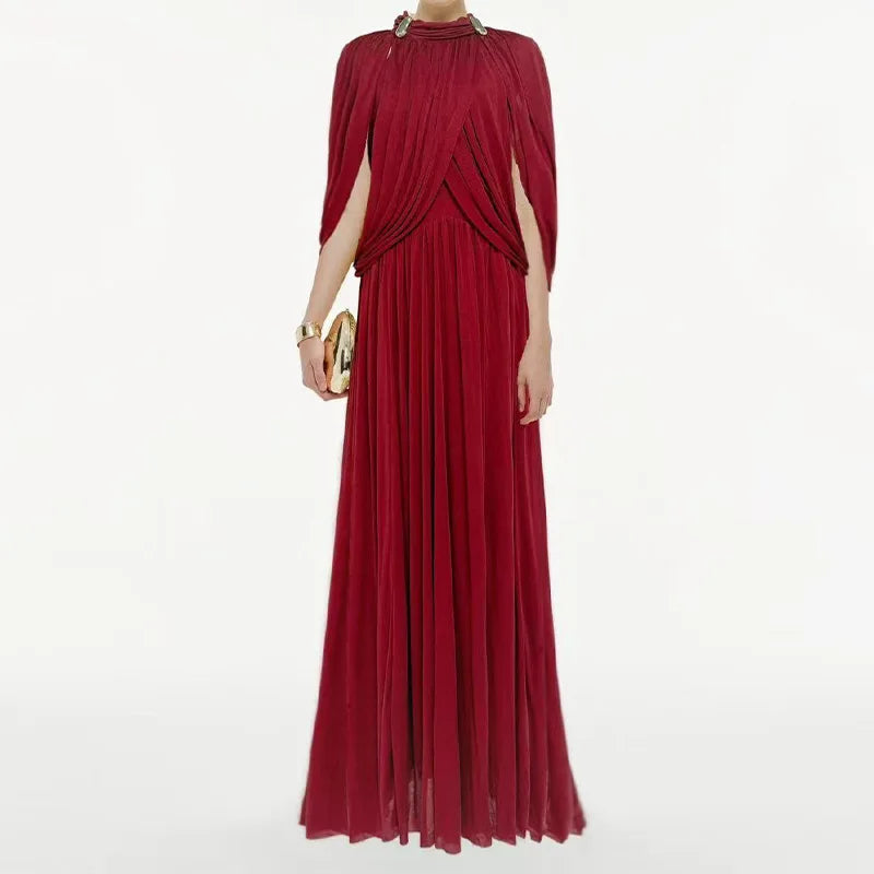 Chic Chiffon Pleated Maxi Dress Women Elegant Flutter Sleeve Turtleneck LADYLYS