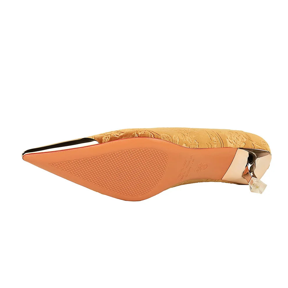 Vintage Suede Print 4cm High Heels Pumps Female Chic Metal Pointed Toe Elegant LADYLYS