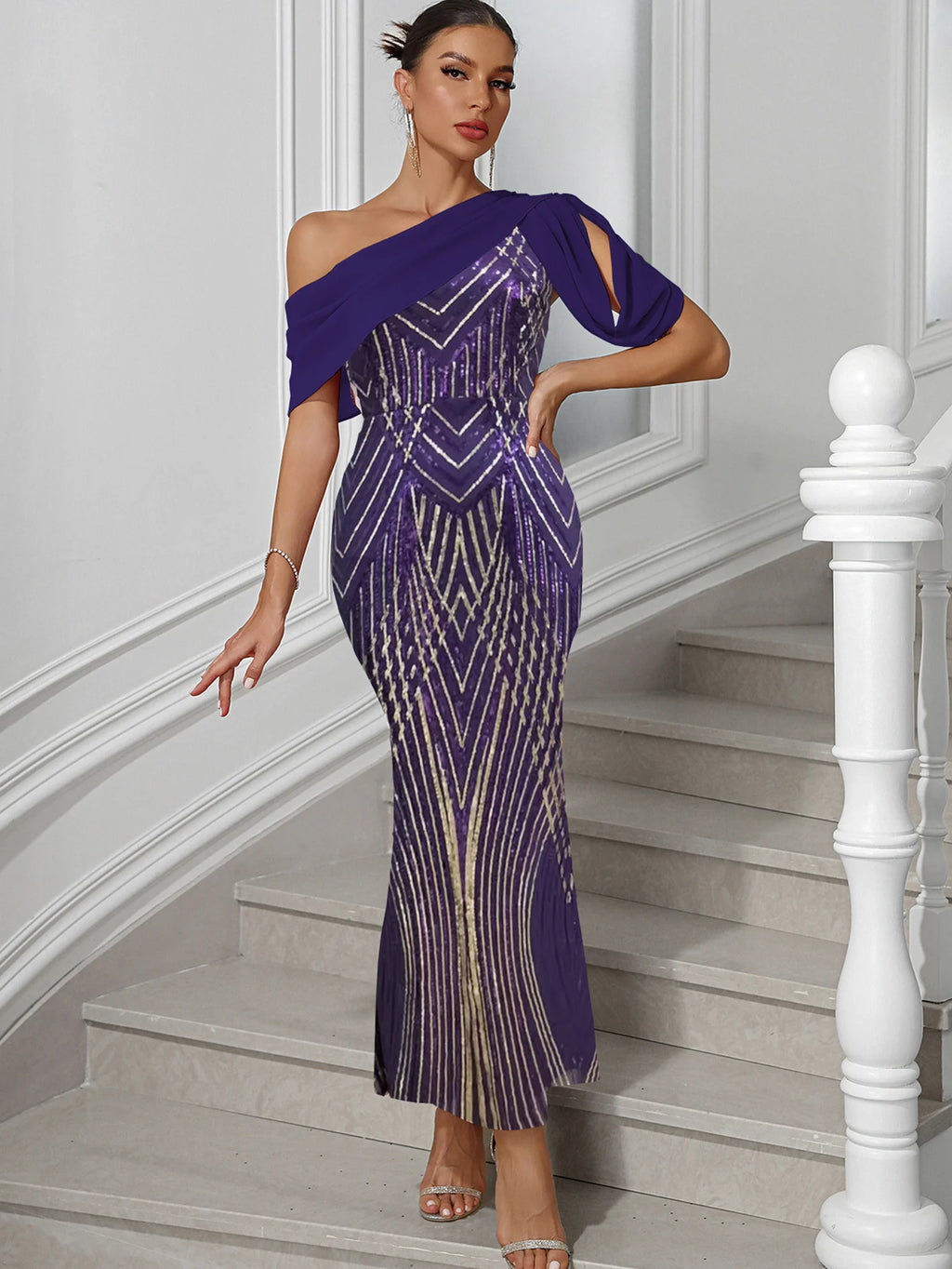 Sequin Backless Maxi Dress – Women's Elegant Chiffon Evening Gown