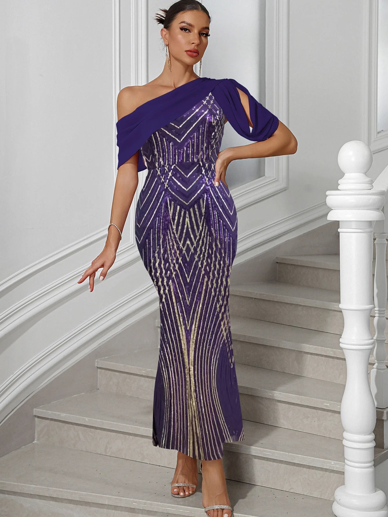 Sequin Backless Maxi Dress – Women's Elegant Chiffon Evening Gown