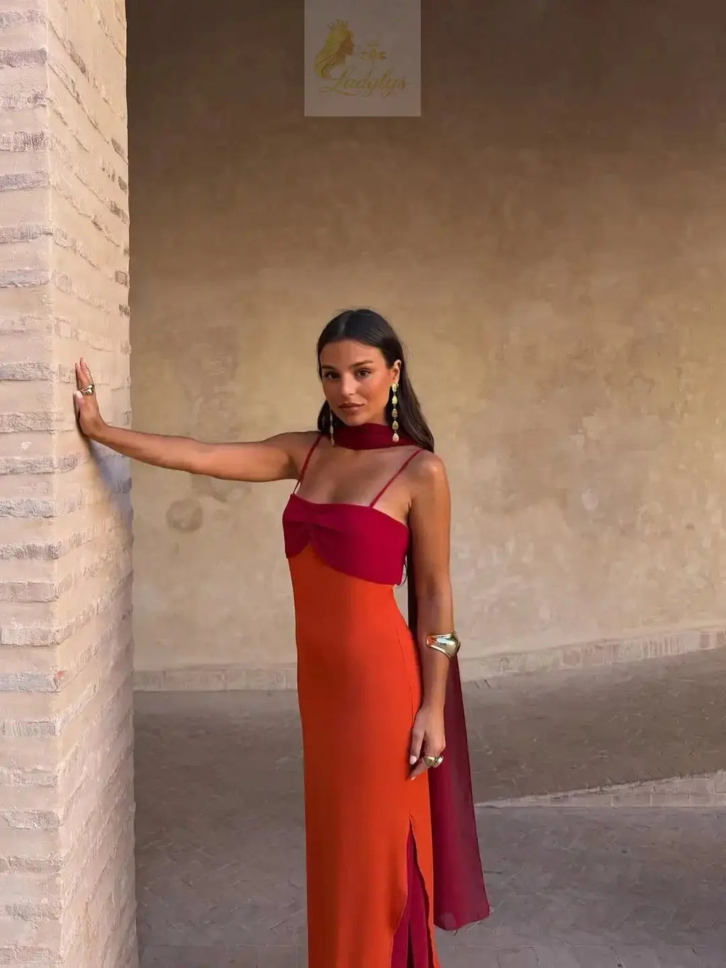 Blocking Scarf Collar Sling Dress Sexy Split Waist Cinching Bodycon Maxi Gowns LADYLYS
