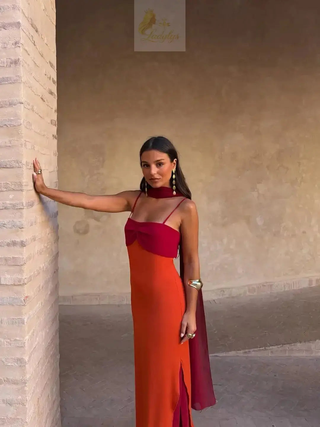 Blocking Scarf Collar Sling Dress Sexy Split Waist Cinching Bodycon Maxi Gowns LADYLYS