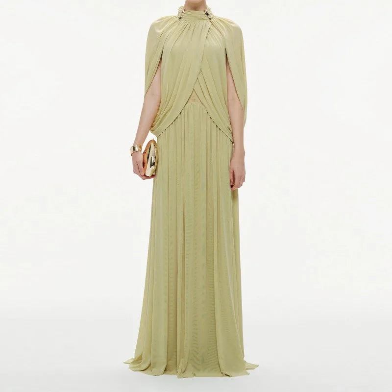 Pleated Chiffon Maxi Dress - Flutter Sleeve Dress