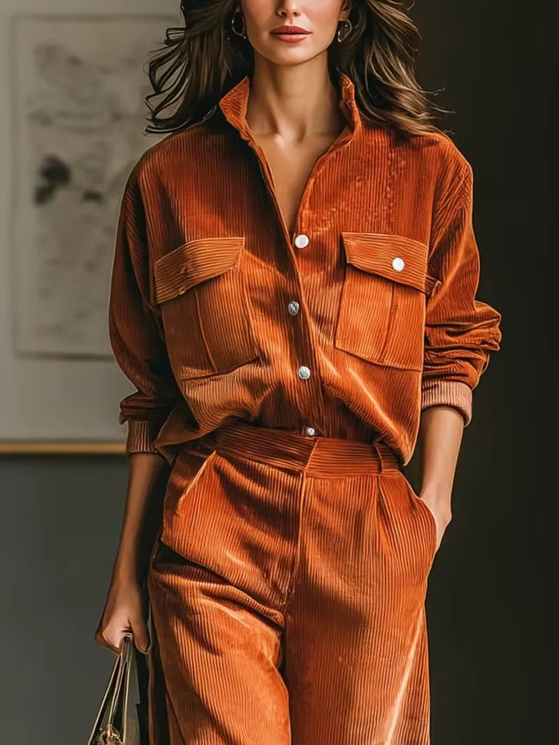 Women's 2-Piece Corduroy Set – Long Sleeve Shirt & Wide-Leg Pants, Office Casual