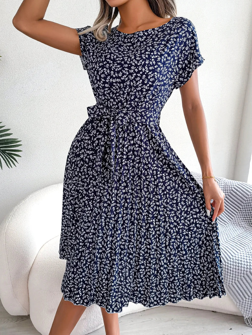 Summer Short Sleeve High Waist Chic Dress Fashion Floral Pleated A Line Long Dress LADYLYS