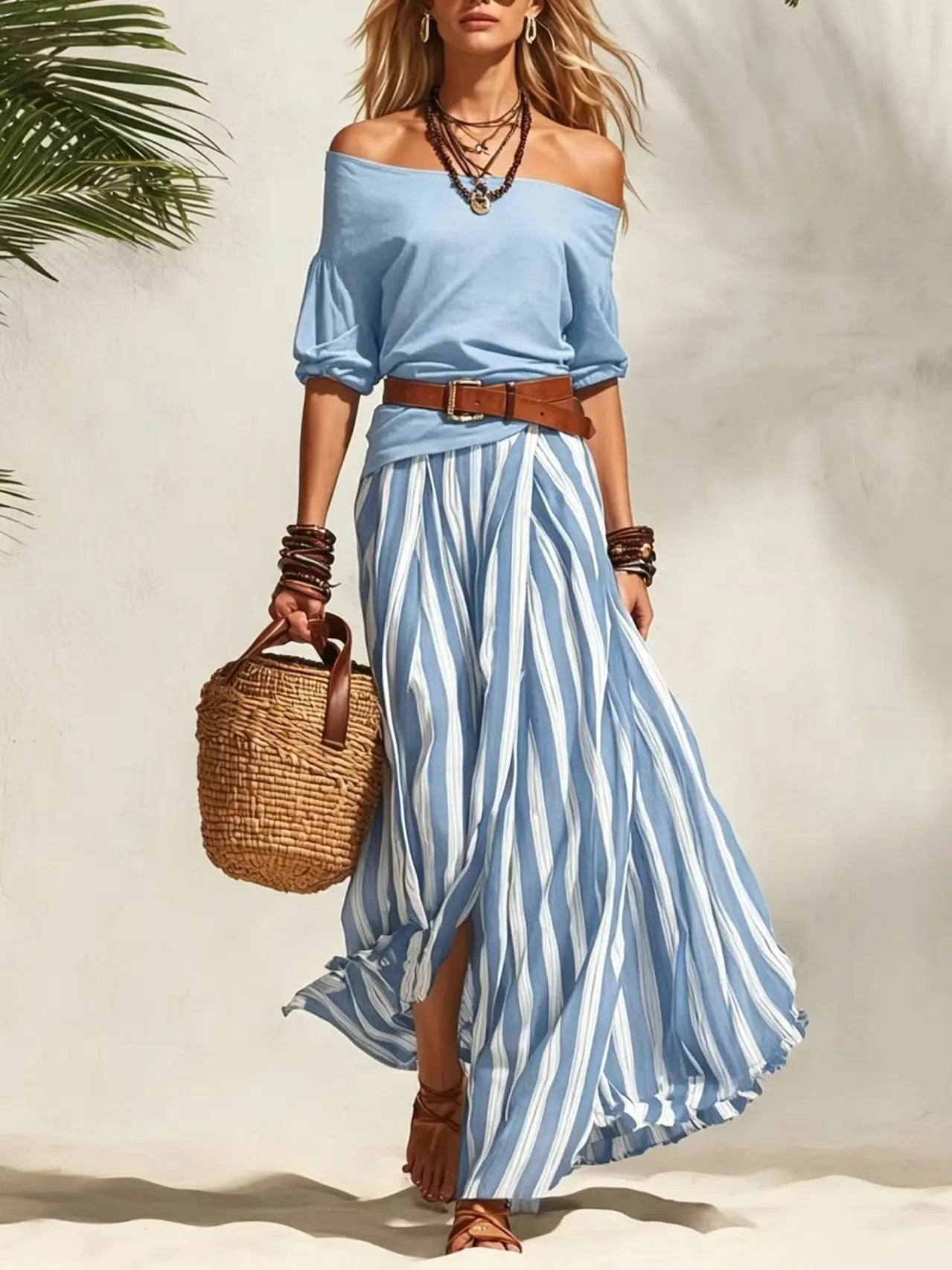 Women's 2-Piece Boho Set – Off-Shoulder Puff Sleeve Top & Vertical Stripe Flowy Maxi Skirt | Casual Vacation Outfit