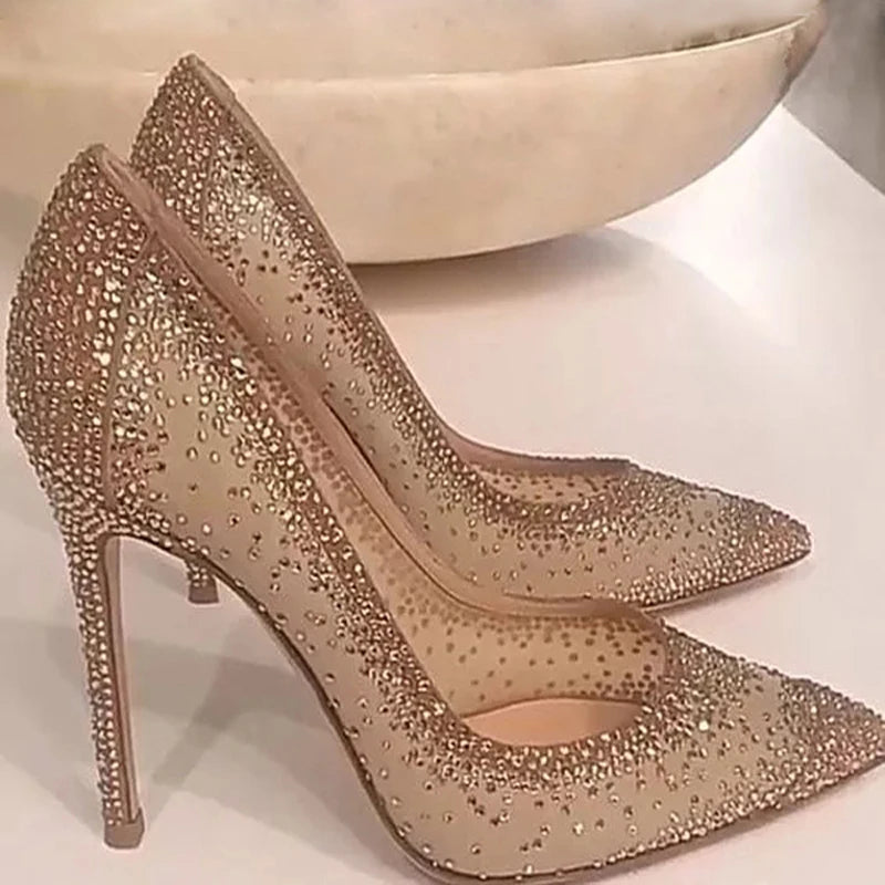 Women's Crystal Rhinestone Mesh Stiletto Pumps – Glitter Heels for Wedding & Party