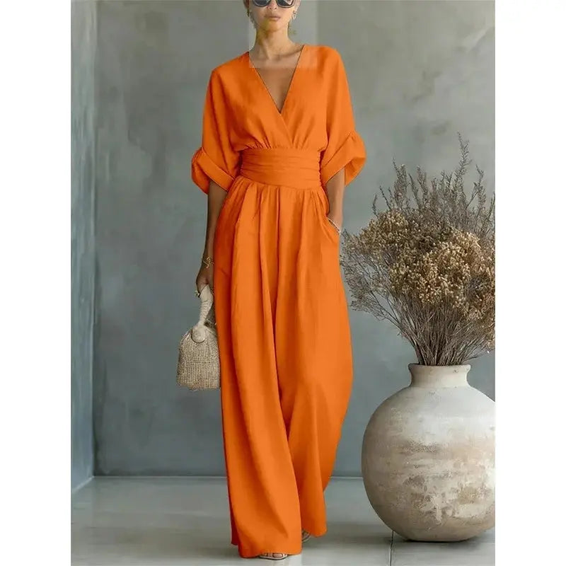 Jumpsuit Fashion High Waist V-neck Casual Sexy  Solid Color LADYLYS