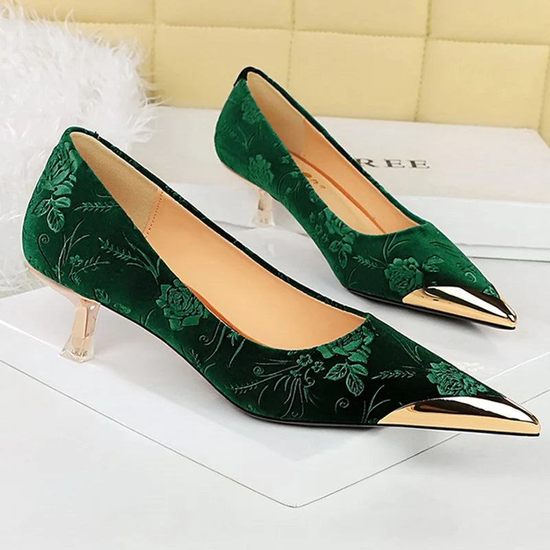 Vintage Suede Print 4cm High Heels Pumps Female Chic Metal Pointed Toe Elegant LADYLYS