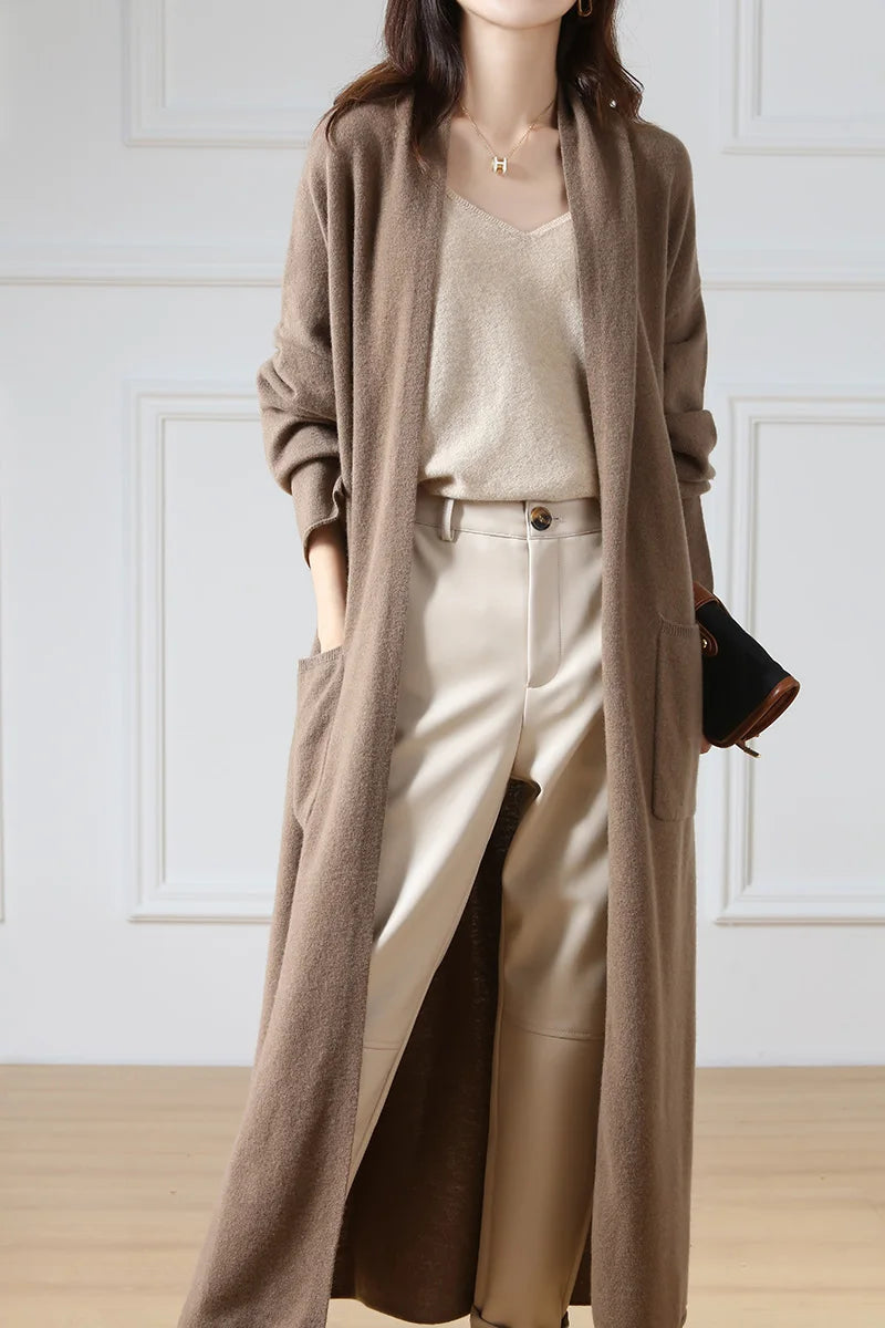 Women's Long Wool V-Neck Cardigan, Loose Fit