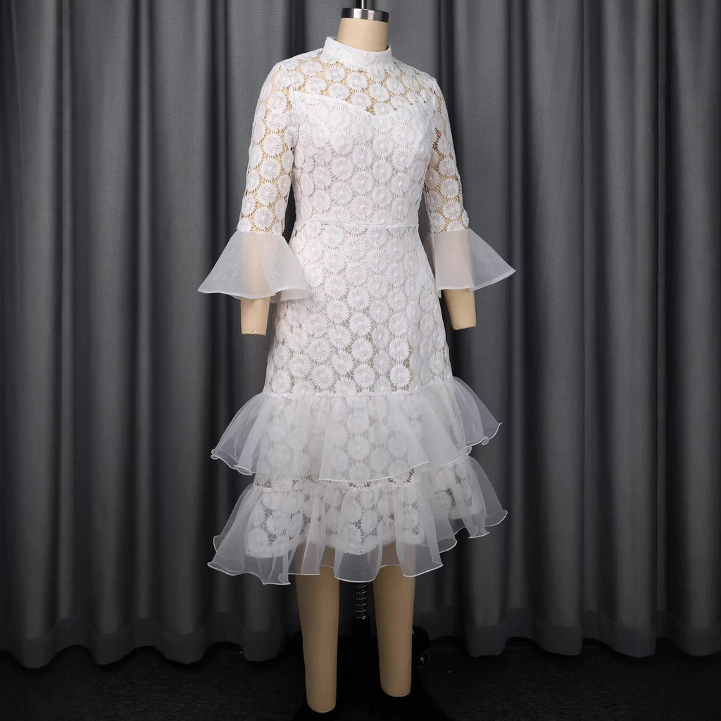 Tiered Dresses Solid Hollow Out Mid Calf Lenth Flared LADYLYS