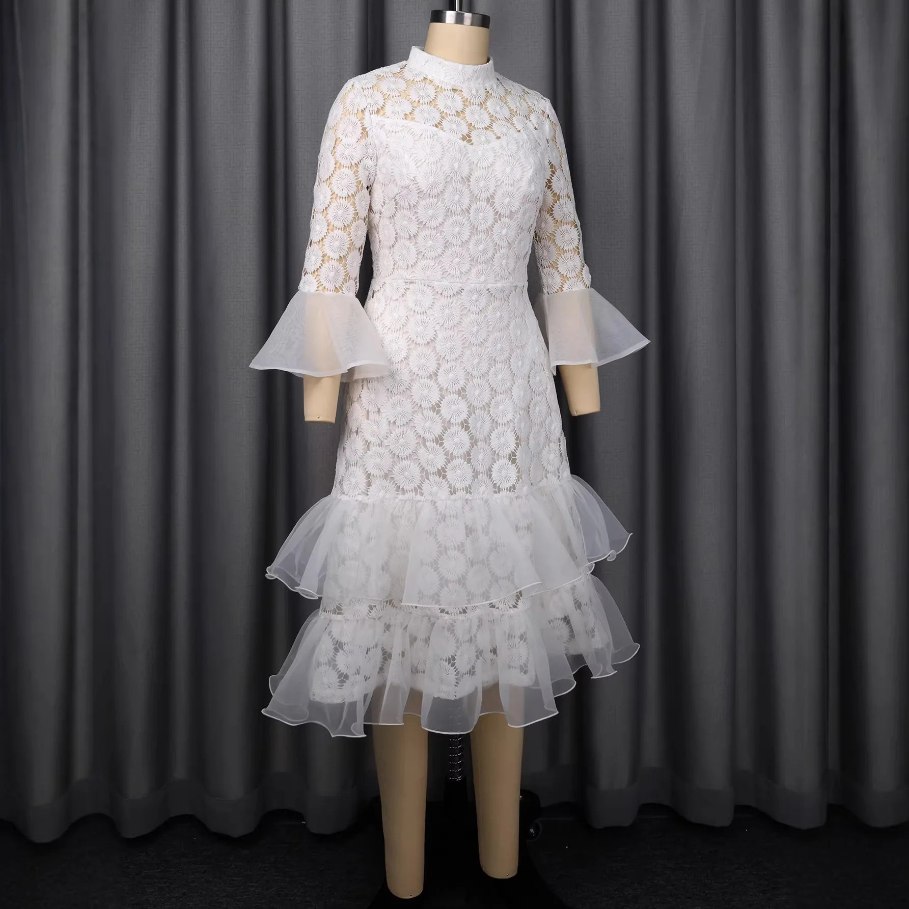Tiered Dresses Solid Hollow Out Mid Calf Lenth Flared LADYLYS